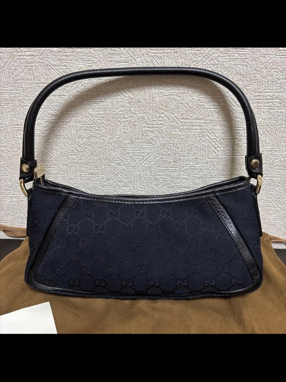 Gucci Black Monogram Canvas Shoulder Bag with Leather Trim